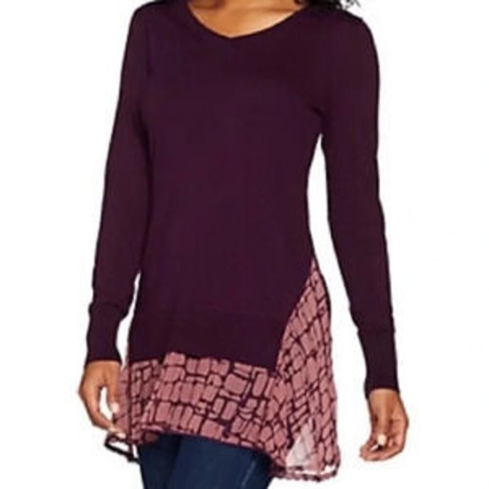 LOGO by Lori Goldstein Plum Cotton Cashmere Sweater Tunic Faux Layers Womens XXS